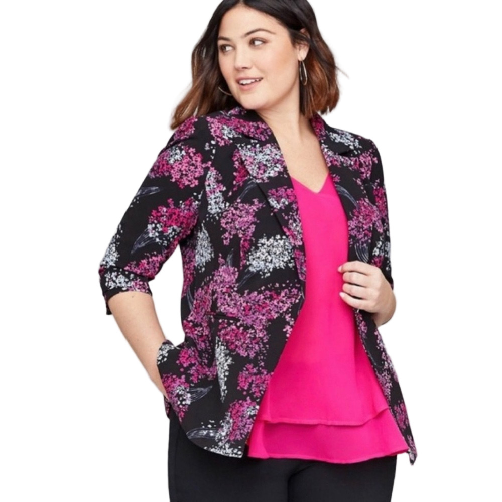 🍒Lane Bryant crepe Floral Black & Pink Blazer size 28 GUC